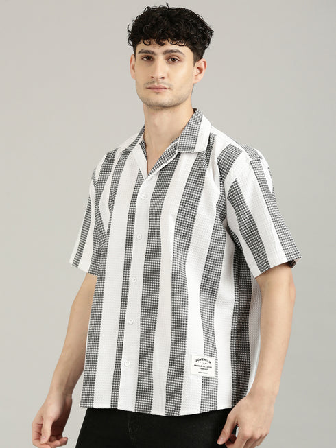 White&Black Striped Short Sleeved Oversized Shirt