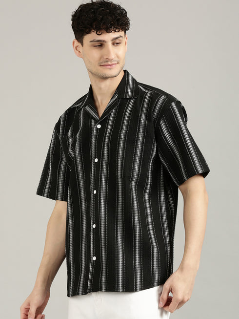 Black Striped Short Sleeved Oversized Resort Shirt