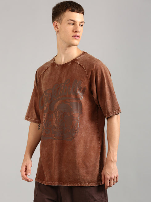 Brown Oversized Distressed Stone Washed Raglan T-shirt