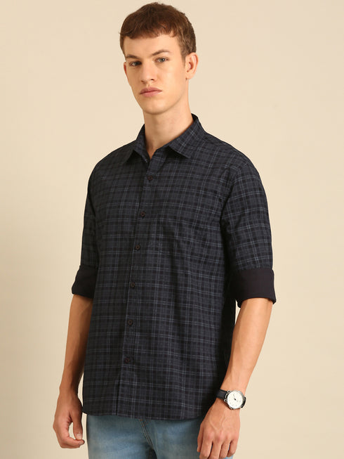Dark Blue Checked Full Sleeve Casual Shirt