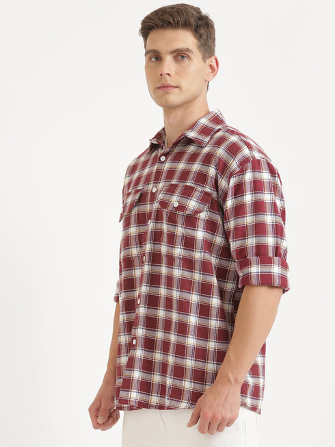 Red & White Checked Full Sleeved Oversized Casual Shirt