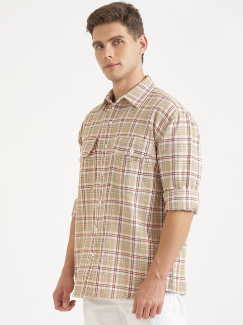 Beige & Light Brown Checked Full Sleeve Oversized Casual Shirt