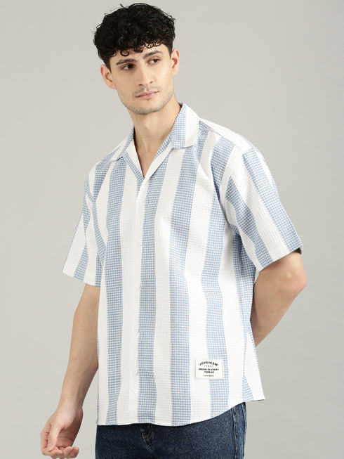 White&Blue Striped Short Sleeved Oversized Shirt