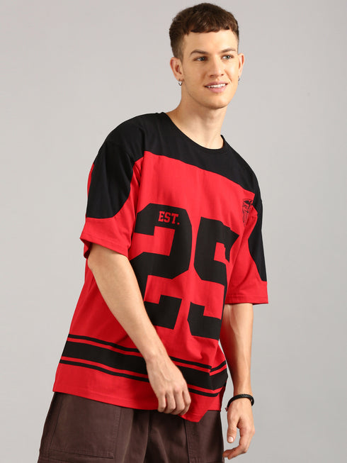 Red & Black Oversized Printed Cut& Sew Baseball T-shirt