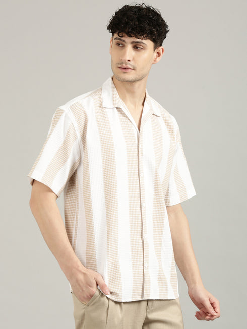 White&Beige Striped Short Sleeved Oversized Shirt