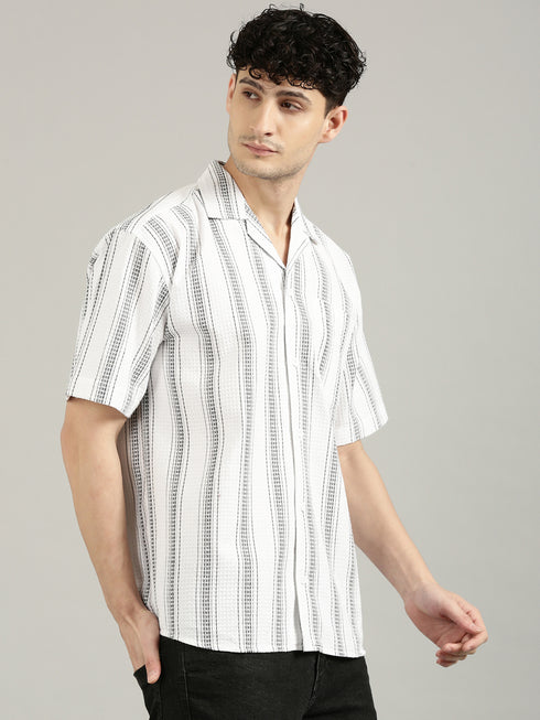 White Striped Short Sleeved Oversized Resort Shirt