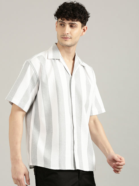 White&Grey Striped Short Sleeved Oversized Shirt