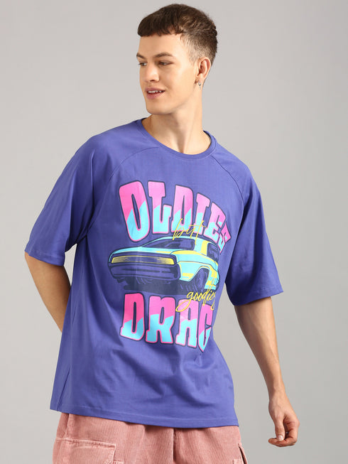 Royal Blue Oversized Printed Raglan T-shirt
