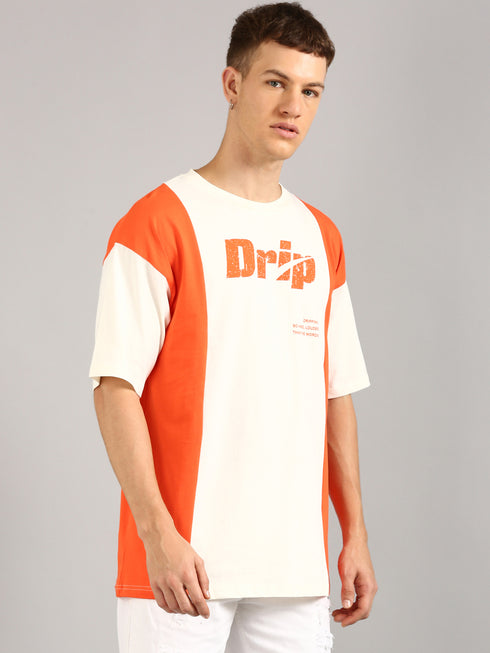 Orange & White Printed Oversized T-Shirt
