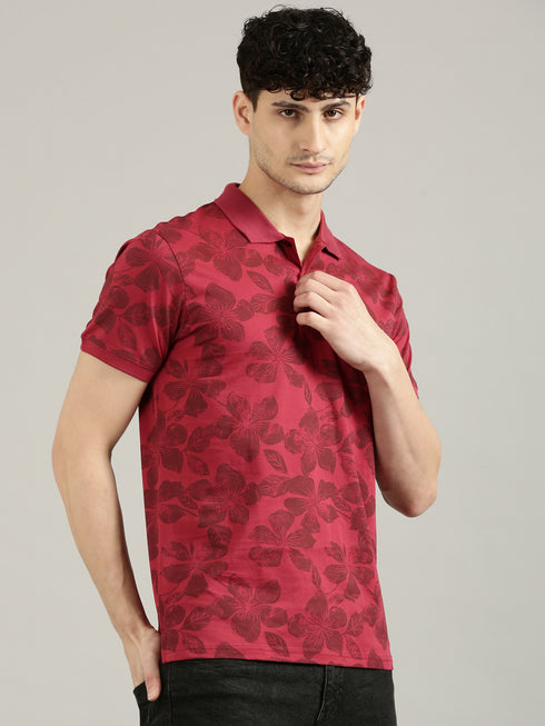 Maroon Printed Polo T-shirt