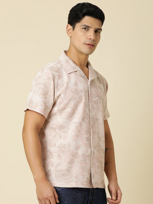 JOVEN Men Printed Casual Peach Oversized Half Sleeve Shirt