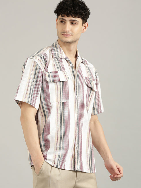 Multicolor Striped Short Sleeved Oversized Shirt