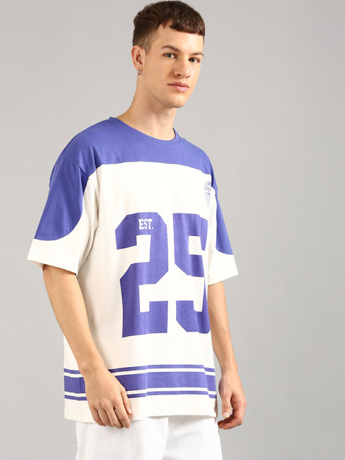 White & Blue Oversized Printed Cut& Sew Baseball T-shirt