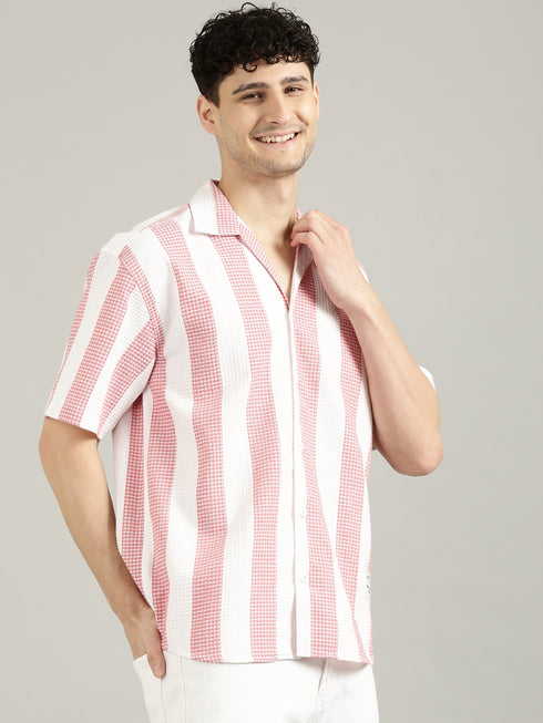 White&Pink Striped Short Sleeved Oversized Shirt