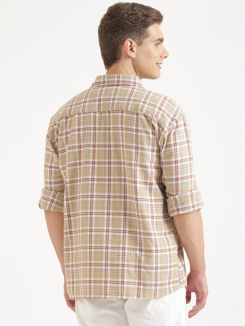 Beige & Light Brown Checked Full Sleeve Oversized Casual Shirt
