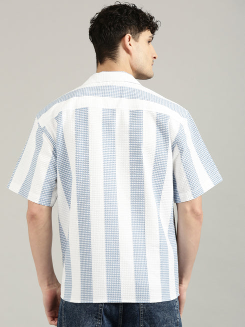 White&Blue Striped Short Sleeved Oversized Shirt