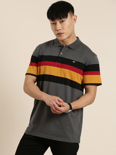 Dark Grey Striped Polo T-shirt
