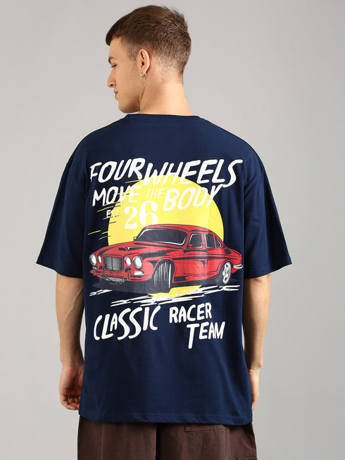 Navy Blue Cut&Sew Oversized Printed T-shirt