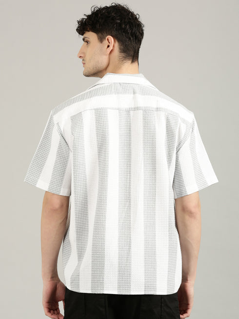 White&Grey Striped Short Sleeved Oversized Shirt