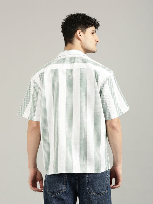 White&Green Striped Short Sleeved Oversized Shirt
