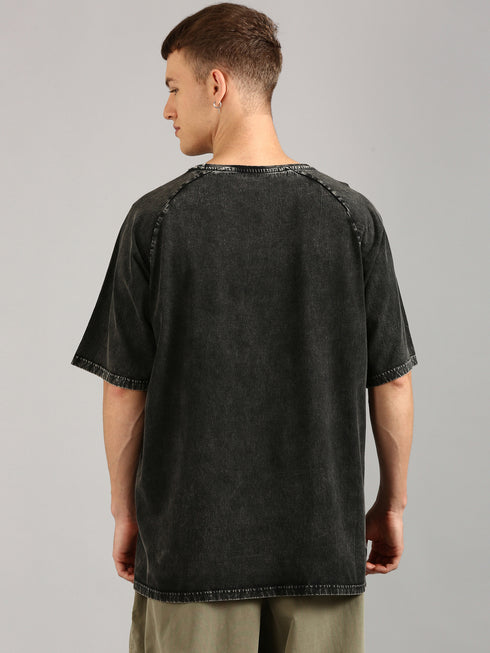 Black Oversized Distressed Stone Washed Raglan T-shirt