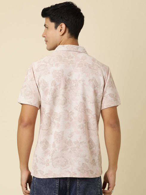 JOVEN Men Printed Casual Peach Oversized Half Sleeve Shirt