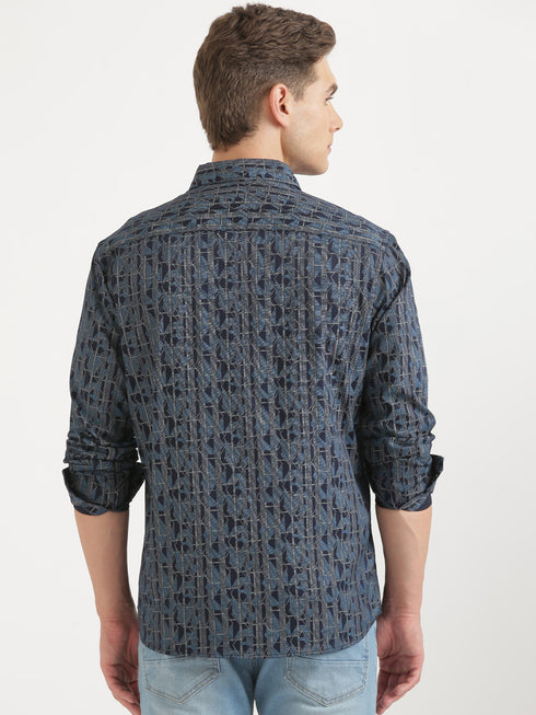 Navy Blue Printed Casual Long Sleeve Shirt