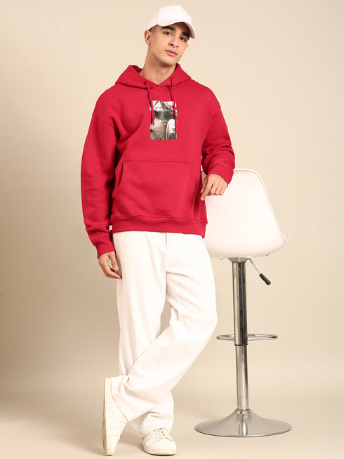 JOVEN Men Printed Full Sleeve Hooded Sweatshirt