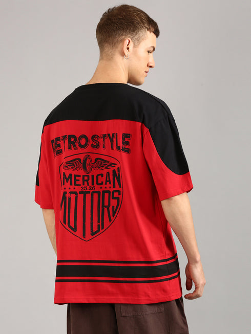 Red & Black Oversized Printed Cut& Sew Baseball T-shirt