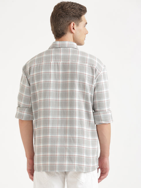 Light Grey & White Checked Full Sleeve Oversized Casual Shirt