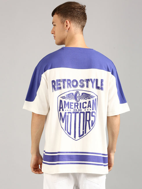 White & Blue Oversized Printed Cut& Sew Baseball T-shirt