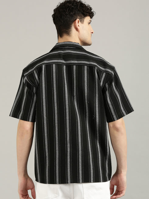 Black Striped Short Sleeved Oversized Resort Shirt