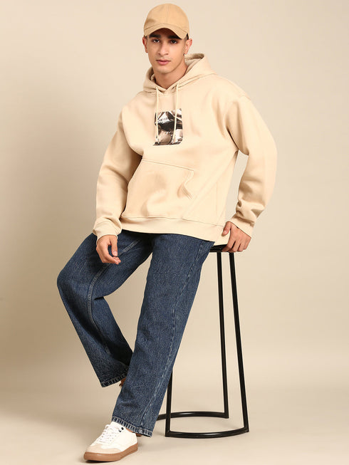 JOVEN Men Printed Full Sleeve Hooded Sweatshirt