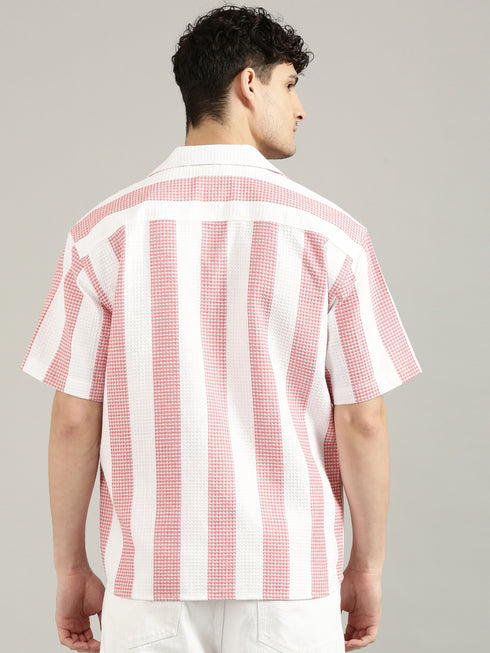 White&Pink Striped Short Sleeved Oversized Shirt