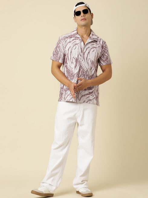 JOVEN Men Printed Casual Red Oversized Half Sleeve Shirt