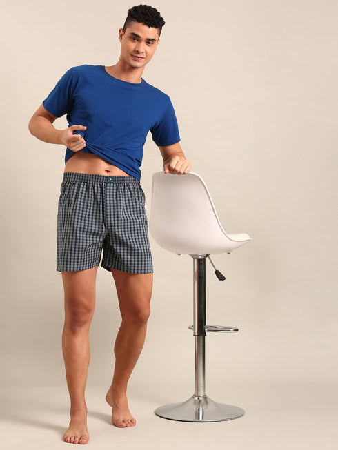 Navy Blue Checked Cotton Boxer