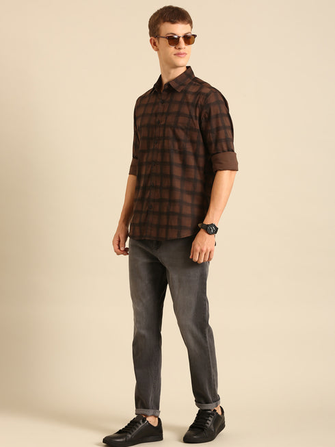 Dark Brown Checked Full Sleeve Casual Shirt