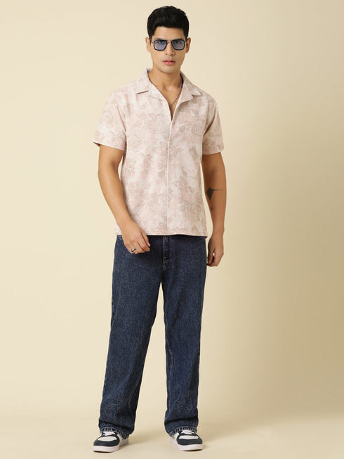 JOVEN Men Printed Casual Peach Oversized Half Sleeve Shirt