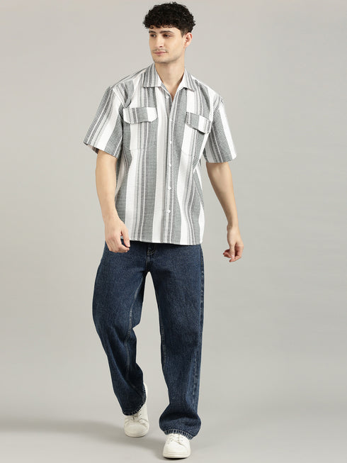 White&Green Striped Short Sleeved Oversized Shirt