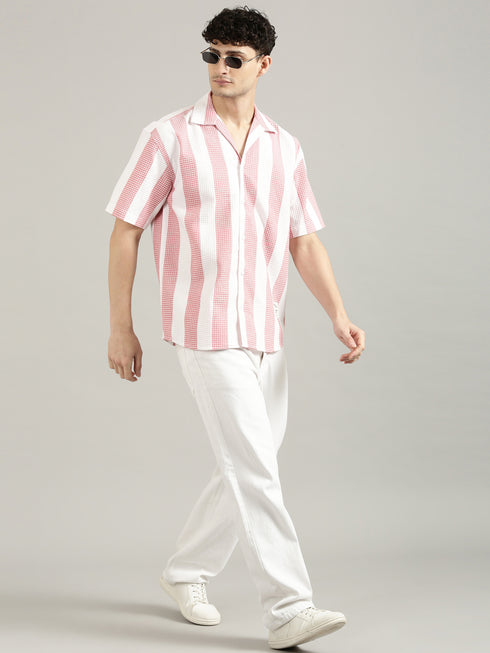 White&Pink Striped Short Sleeved Oversized Shirt