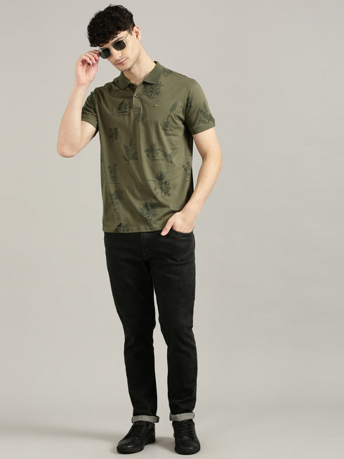 Dark Green Printed Polo T-shirt