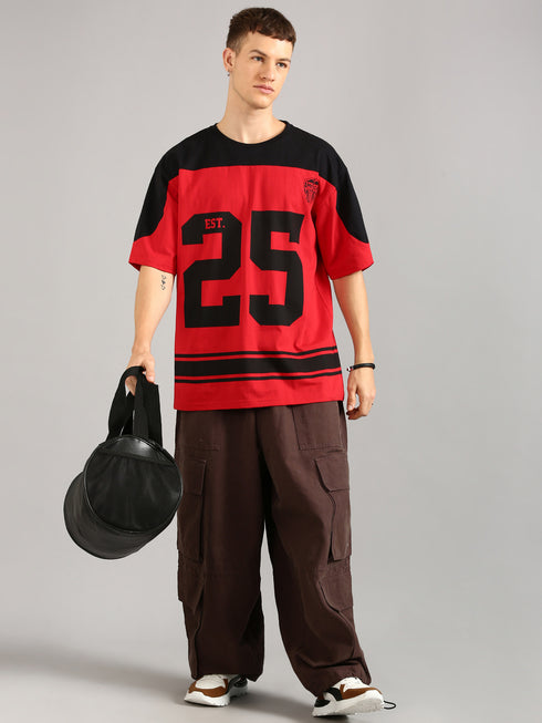 Red & Black Oversized Printed Cut& Sew Baseball T-shirt
