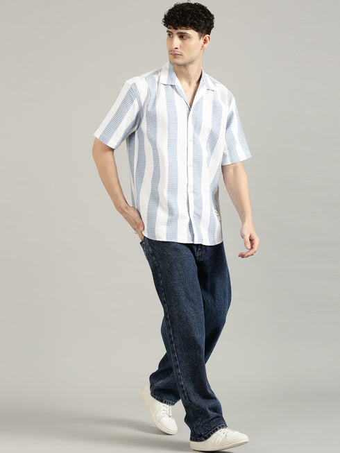 White&Blue Striped Short Sleeved Oversized Shirt