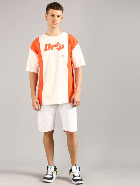 Orange & White Printed Oversized T-Shirt