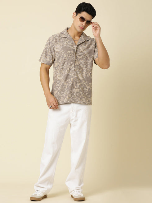 JOVEN Men Printed Casual Brown Oversized Half Sleeve Shirt