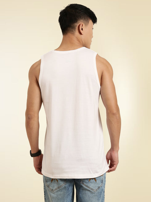 White Printed Crew Neck Tank Top