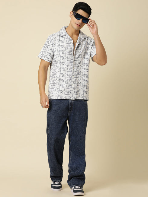 JOVEN Men Printed Casual Navy Oversized Half Sleeve Shirt