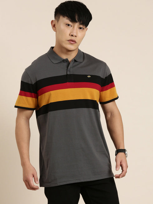 Dark Grey Striped Polo T-shirt