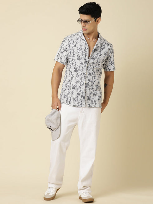 JOVEN Men Printed Casual Black Oversized Half Sleeve Shirt