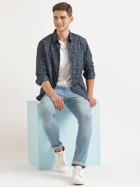 Navy Blue Printed Casual Long Sleeve Shirt